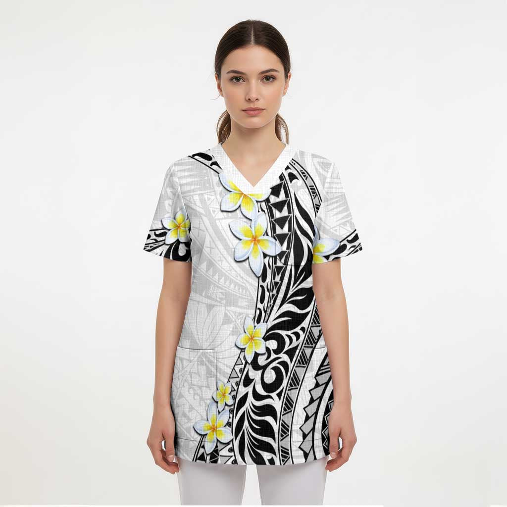 Hawaii Aloha Scrub Top Plumeria Vintage - White LT7 - Polynesian Pride