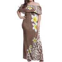 Hawaii Aloha Off Shoulder Maxi Dress Plumeria Vintage - Brown LT7 Women Brown - Polynesian Pride