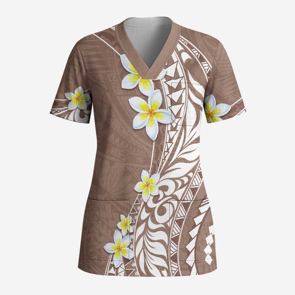 Hawaii Aloha Scrub Top Plumeria Vintage - Brown LT7 Adult Brown - Polynesian Pride