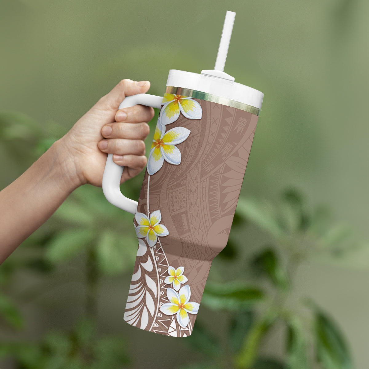 Hawaii Aloha Tumbler With Handle Plumeria Vintage - Beige LT7 - Polynesian Pride