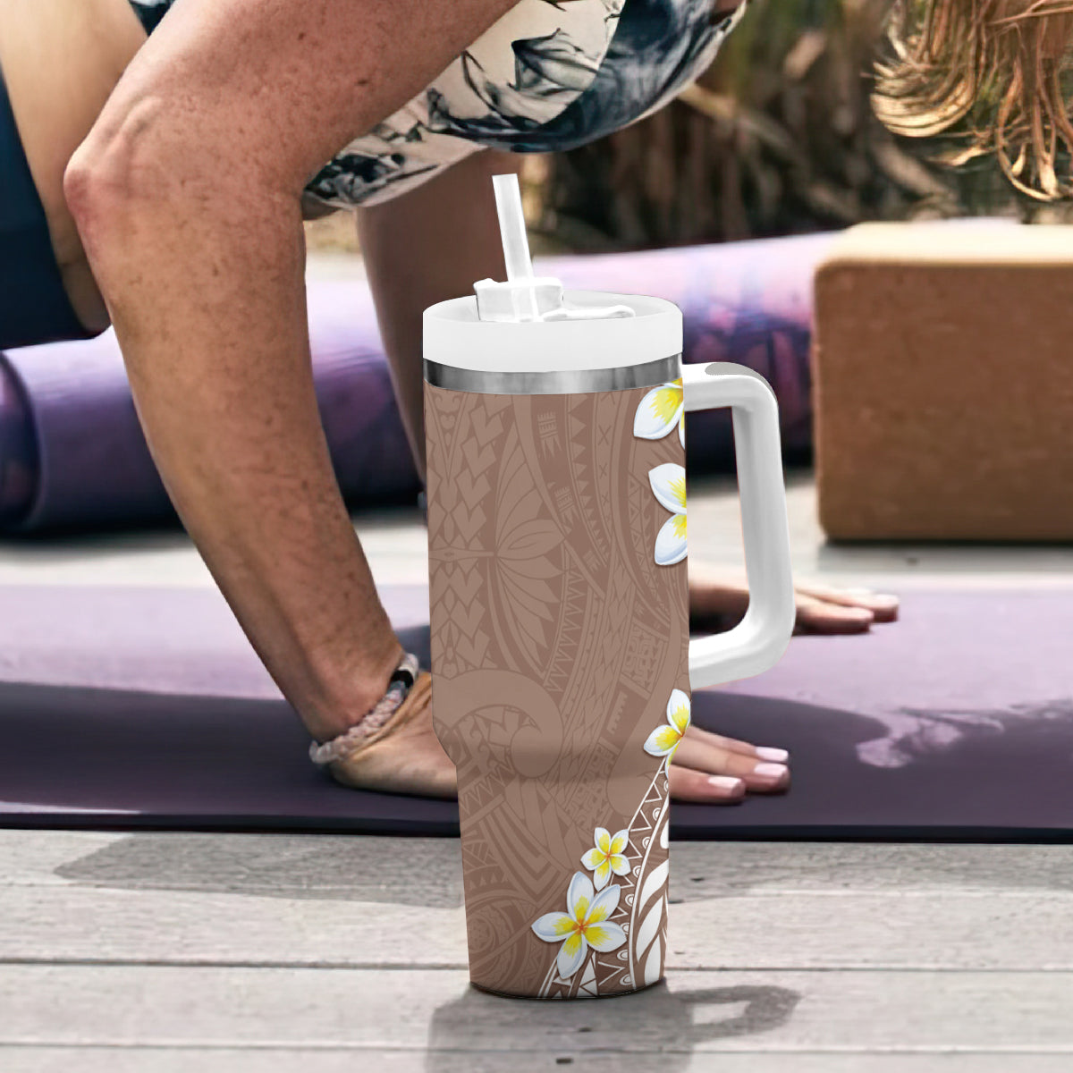 Hawaii Aloha Tumbler With Handle Plumeria Vintage - Beige LT7 - Polynesian Pride