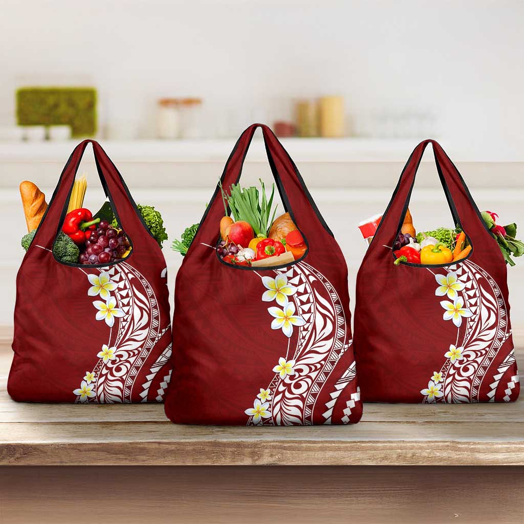 Hawaii Aloha Grocery Bag Plumeria Vintage - Crimson LT7 3-pack One Size Crimson - Polynesian Pride