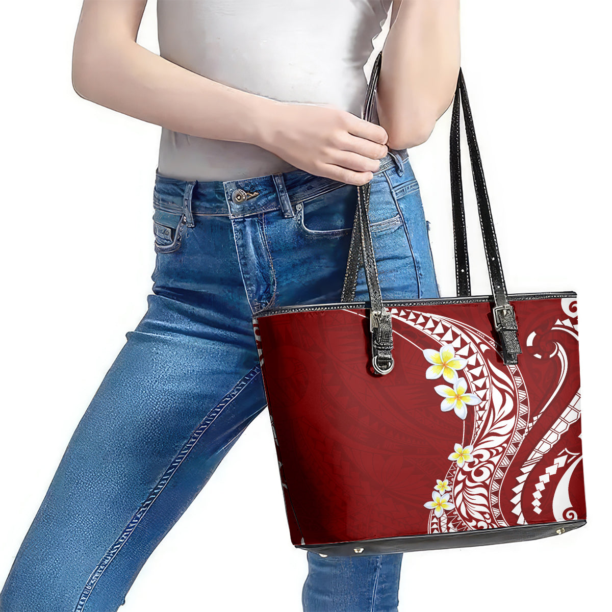 Hawaii Aloha Leather Tote Bag Plumeria Vintage - Crimson LT7 - Polynesian Pride