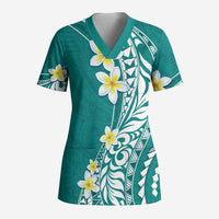 Hawaii Aloha Scrub Top Plumeria Vintage - Teal LT7 Adult Teal - Polynesian Pride