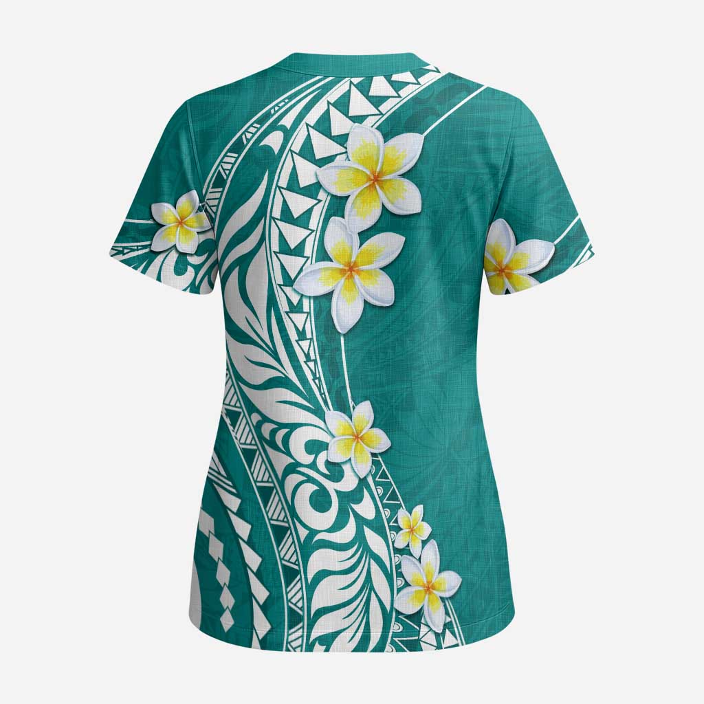 Hawaii Aloha Scrub Top Plumeria Vintage - Teal LT7 - Polynesian Pride