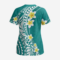 Hawaii Aloha Scrub Top Plumeria Vintage - Teal LT7 - Polynesian Pride