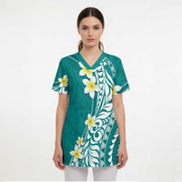Hawaii Aloha Scrub Top Plumeria Vintage - Teal LT7 - Polynesian Pride