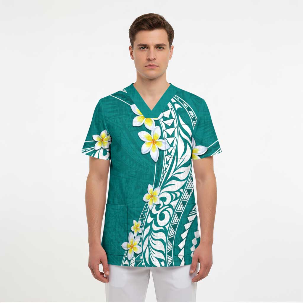 Hawaii Aloha Scrub Top Plumeria Vintage - Teal LT7 - Polynesian Pride