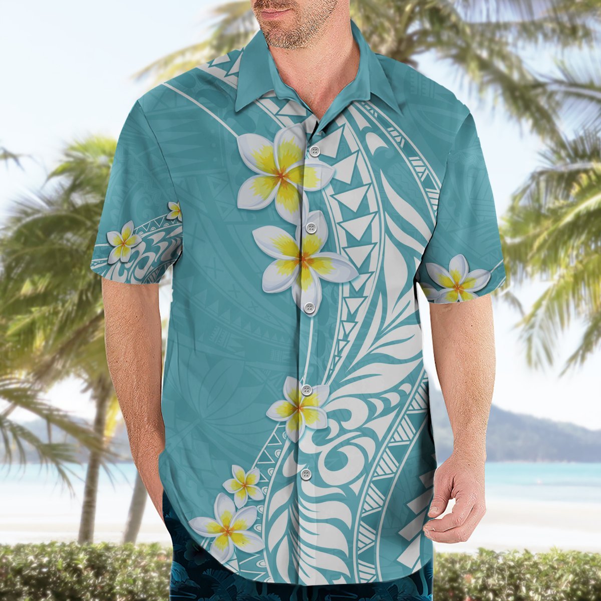 Hawaii Aloha Hawaiian Shirt Plumeria Vintage - Turquoise LT7 - Polynesian Pride