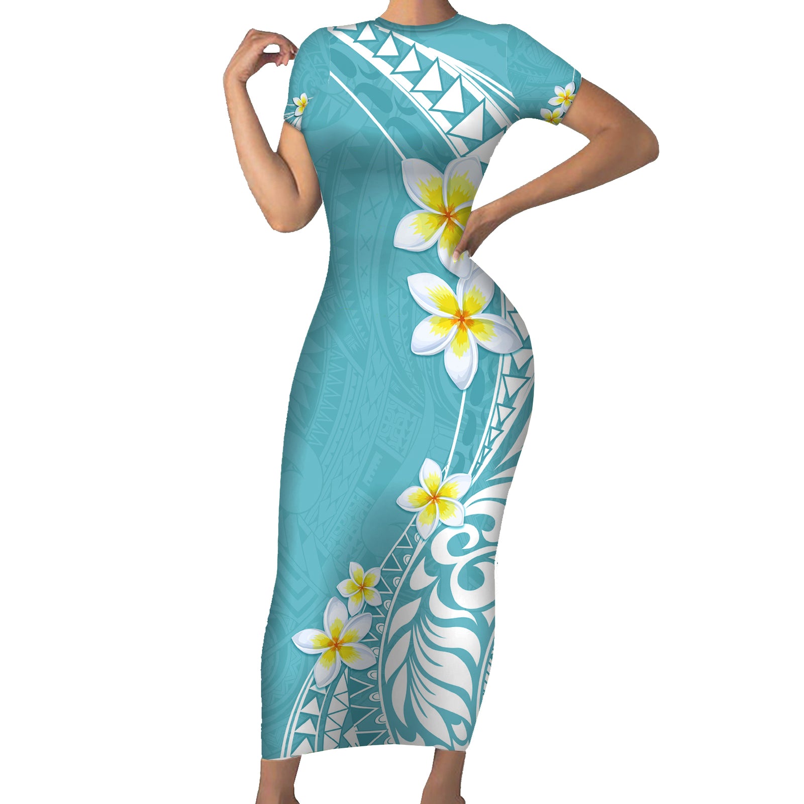 Hawaii Aloha Short Sleeve Bodycon Dress Plumeria Vintage - Turquoise LT7 Long Dress Turquoise - Polynesian Pride