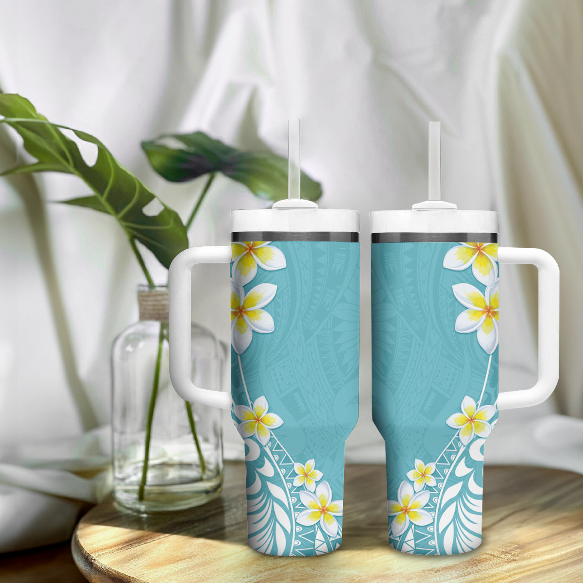 Hawaii Aloha Tumbler With Handle Plumeria Vintage - Turquoise LT7 - Polynesian Pride