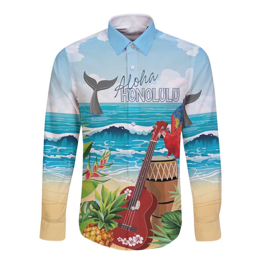 Aloha Honolulu Festival Long Sleeve Button Shirt Ukulele By The Shore LT7 Unisex Art - Polynesian Pride