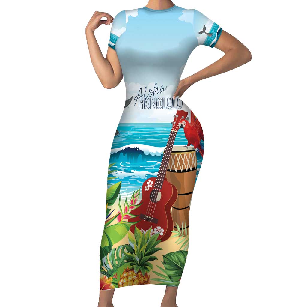 Aloha Honolulu Festival Short Sleeve Bodycon Dress Ukulele By The Shore LT7 Long Dress Art - Polynesian Pride