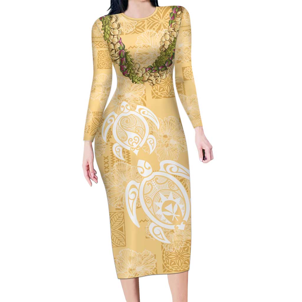 Aloha Honolulu Festival Long Sleeve Bodycon Dress Hawaii Kapa Mix Flowers Lei LT7 Long Dress Yellow - Polynesian Pride
