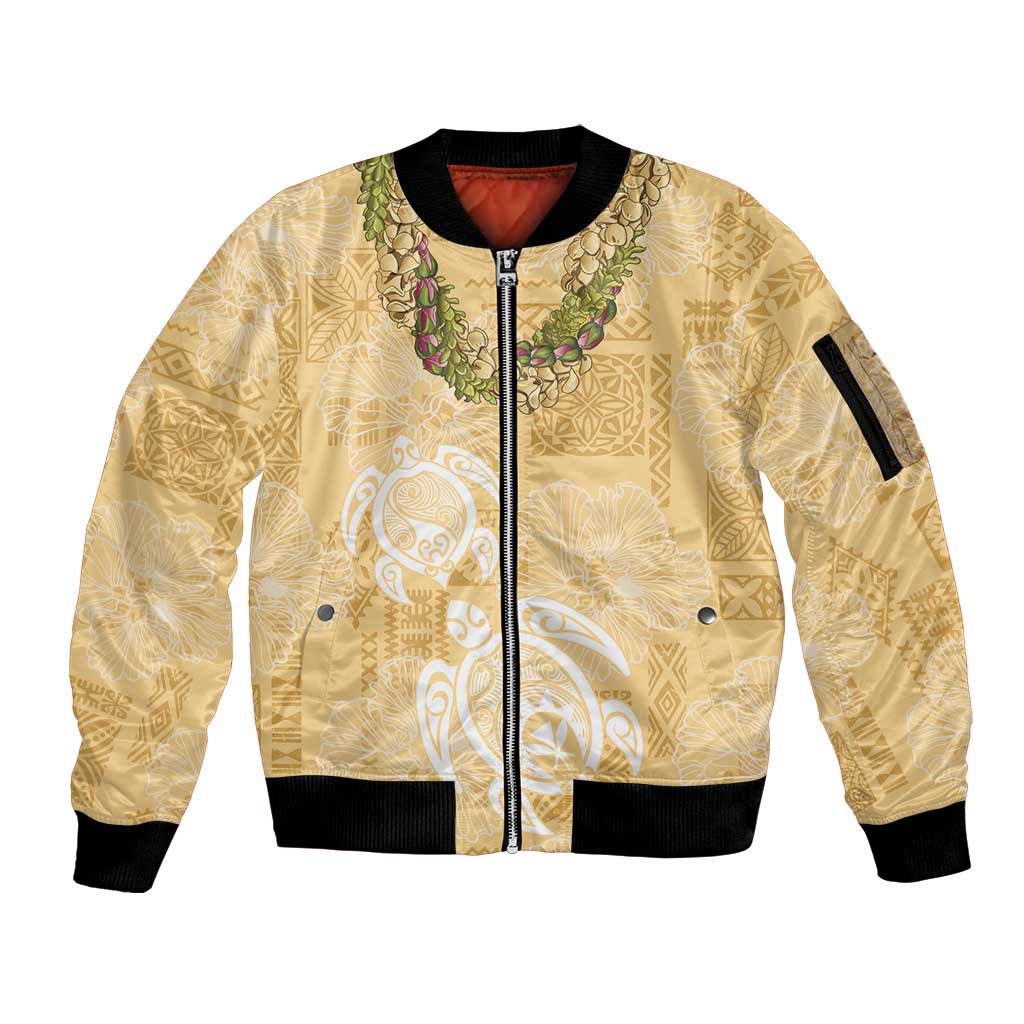 Aloha Honolulu Festival Sleeve Zip Bomber Jacket Hawaii Kapa Mix Flowers Lei LT7 Unisex Yellow - Polynesian Pride