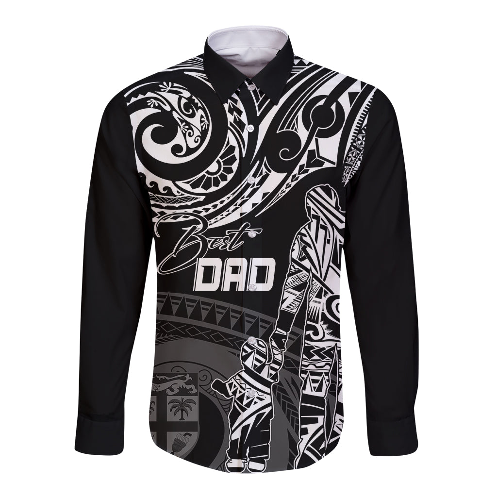 Personalised Father's Day Fiji Long Sleeve Button Shirt Polynesian Dad & Kid LT7 Unisex Black - Polynesian Pride