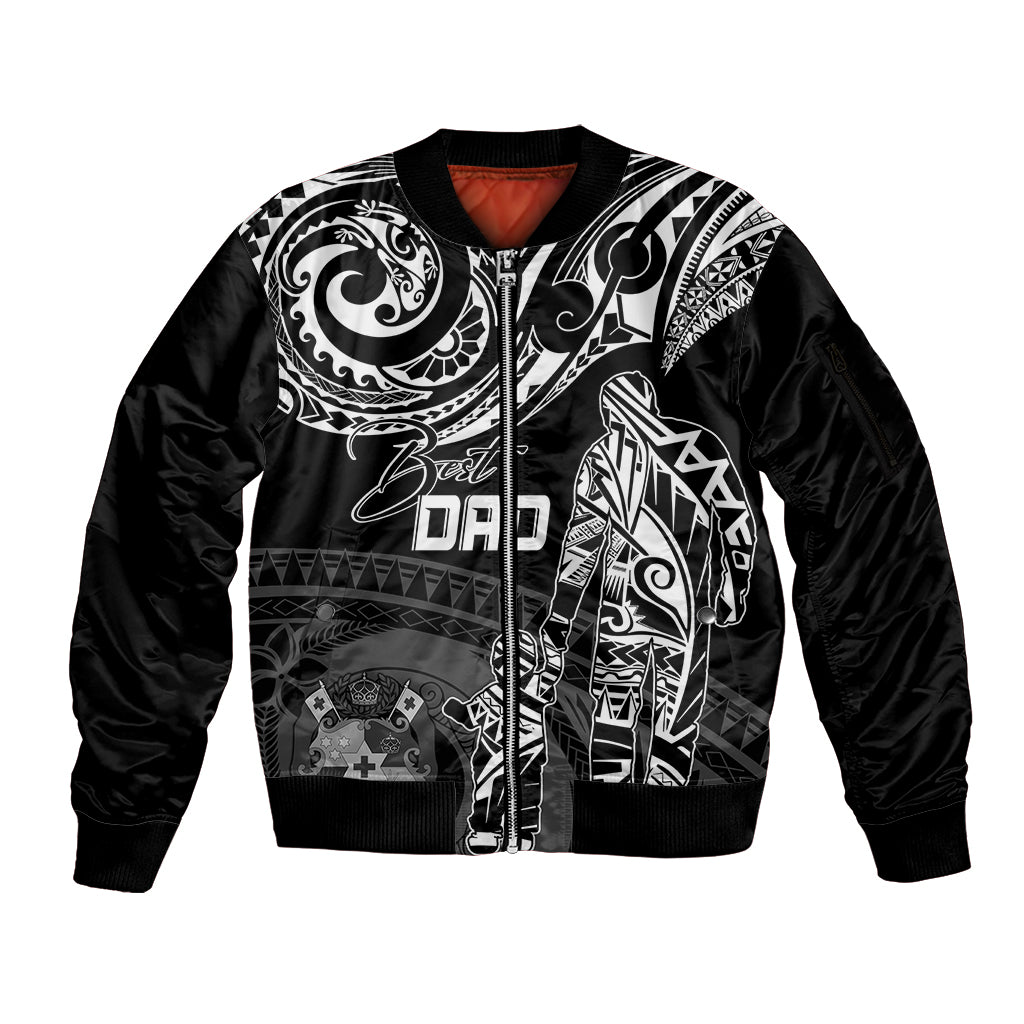 Personalised Father's Day Tonga Sleeve Zip Bomber Jacket Polynesian Dad & Kid LT7 Unisex Black - Polynesian Pride