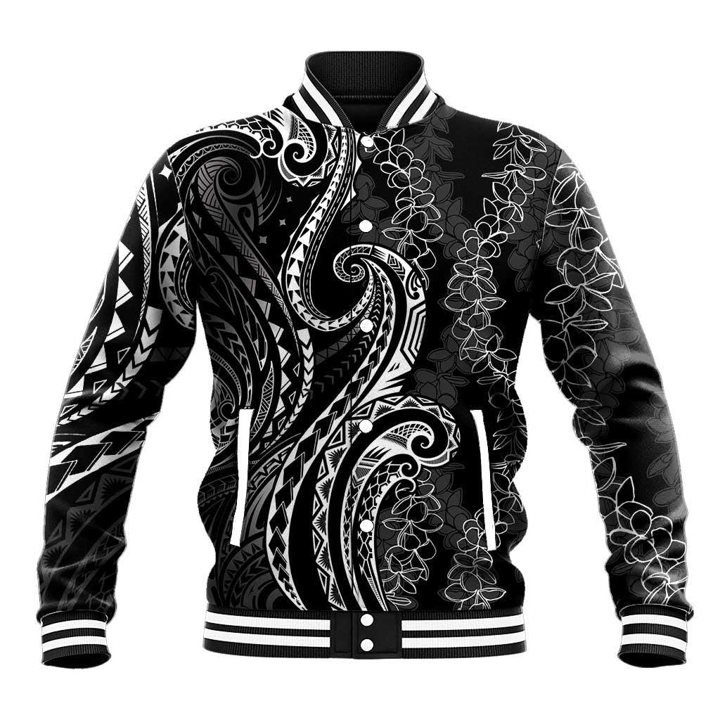 Polynesia Plumeria Lei Baseball Jacket Black Curves Motif LT7 Unisex Black - Polynesian Pride
