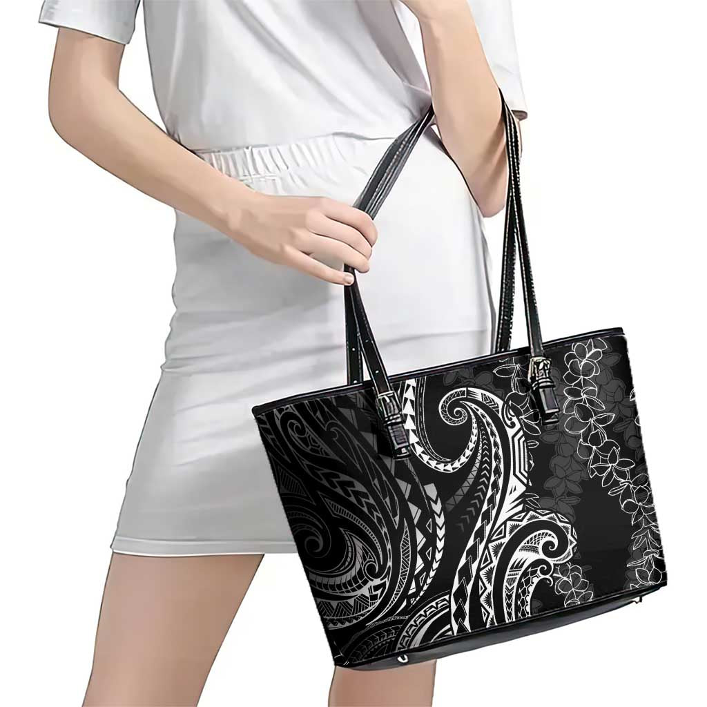 Polynesia Plumeria Lei Leather Tote Bag Black Curves Motif LT7 - Polynesian Pride