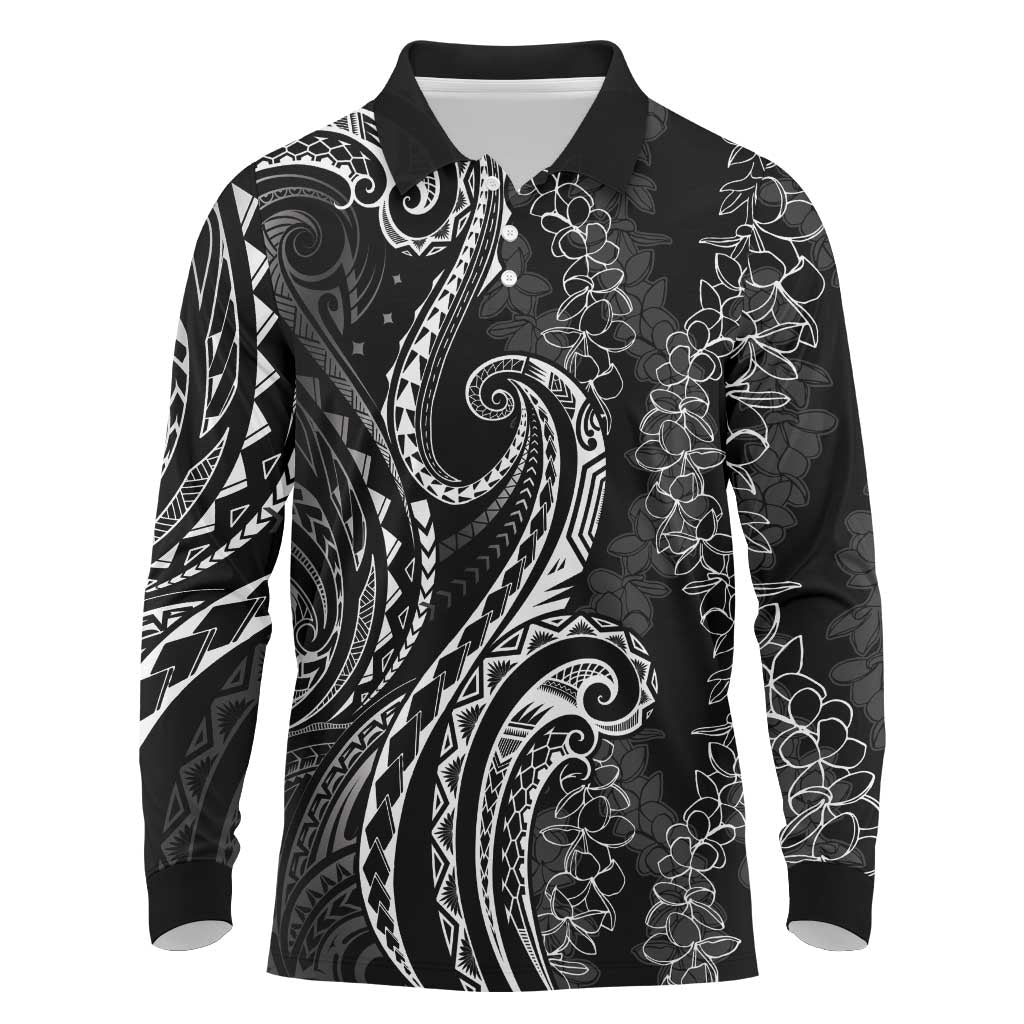 Polynesia Plumeria Lei Long Sleeve Polo Shirt Black Curves Motif LT7 Black - Polynesian Pride
