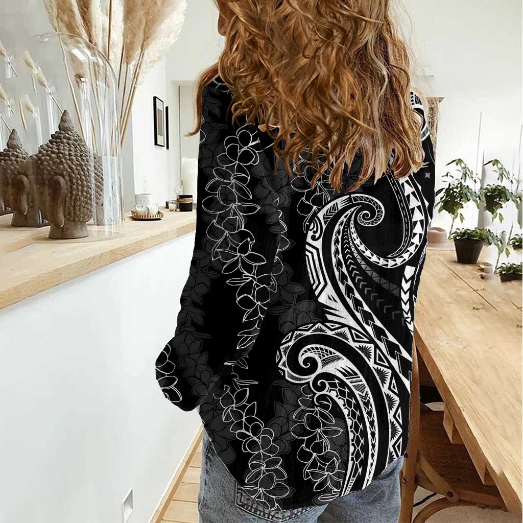 Polynesia Plumeria Lei Women Casual Shirt Black Curves Motif LT7 - Polynesian Pride
