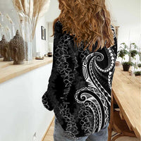 Polynesia Plumeria Lei Women Casual Shirt Black Curves Motif LT7 - Polynesian Pride