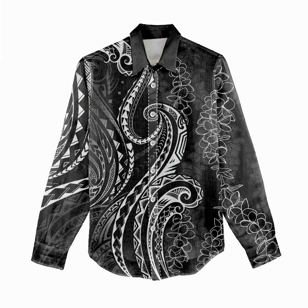 Polynesia Plumeria Lei Women Casual Shirt Black Curves Motif LT7 - Polynesian Pride