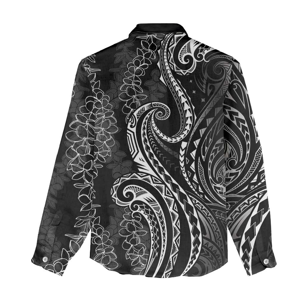 Polynesia Plumeria Lei Women Casual Shirt Black Curves Motif LT7 - Polynesian Pride
