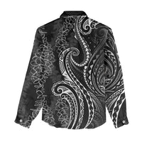 Polynesia Plumeria Lei Women Casual Shirt Black Curves Motif LT7 - Polynesian Pride