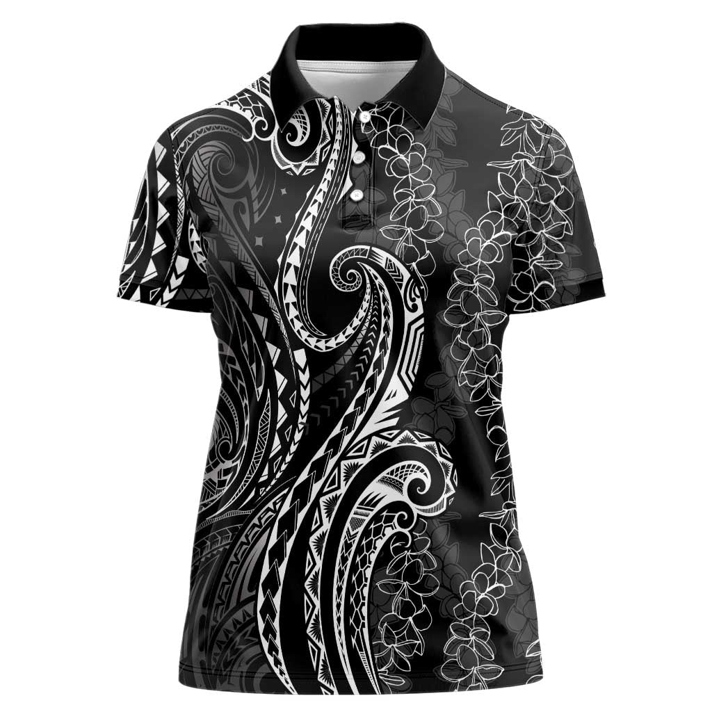 Polynesia Plumeria Lei Women Polo Shirt Black Curves Motif LT7 Female Black - Polynesian Pride
