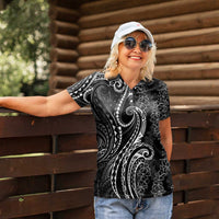 Polynesia Plumeria Lei Women Polo Shirt Black Curves Motif LT7 - Polynesian Pride