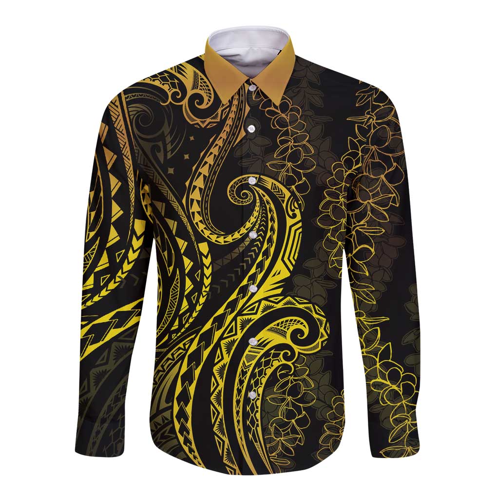 Polynesia Plumeria Lei Long Sleeve Button Shirt Black Gold Curves Motif LT7 Unisex Gold - Polynesian Pride
