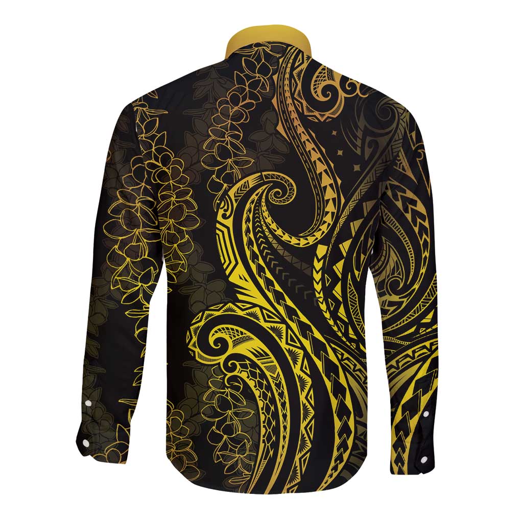 Polynesia Plumeria Lei Long Sleeve Button Shirt Black Gold Curves Motif LT7 - Polynesian Pride