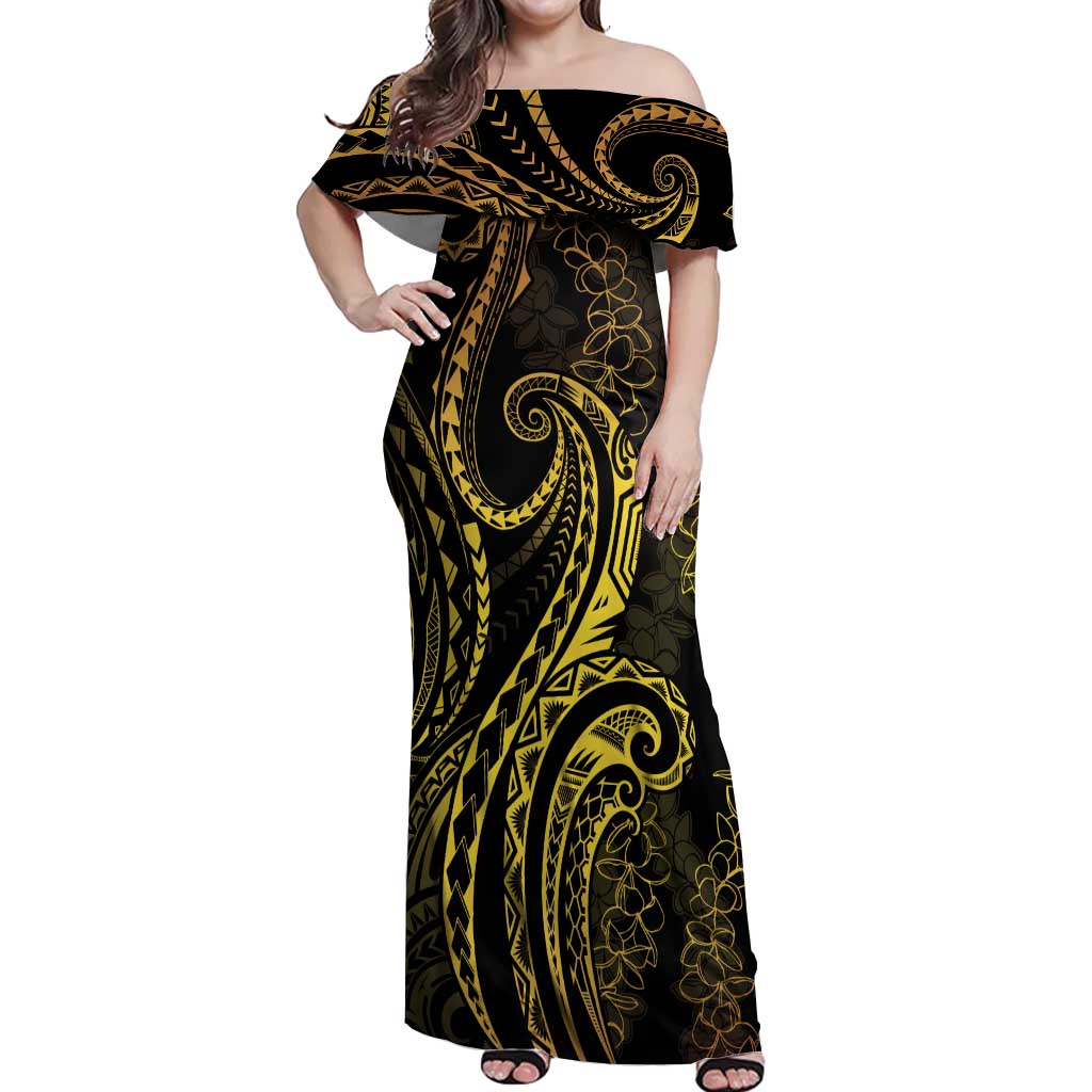 Polynesia Plumeria Lei Off Shoulder Maxi Dress Black Gold Curves Motif LT7 Women Gold - Polynesian Pride