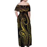 Polynesia Plumeria Lei Off Shoulder Maxi Dress Black Gold Curves Motif LT7 - Polynesian Pride