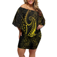 Polynesia Plumeria Lei Off Shoulder Short Dress Black Gold Curves Motif LT7 Women Gold - Polynesian Pride