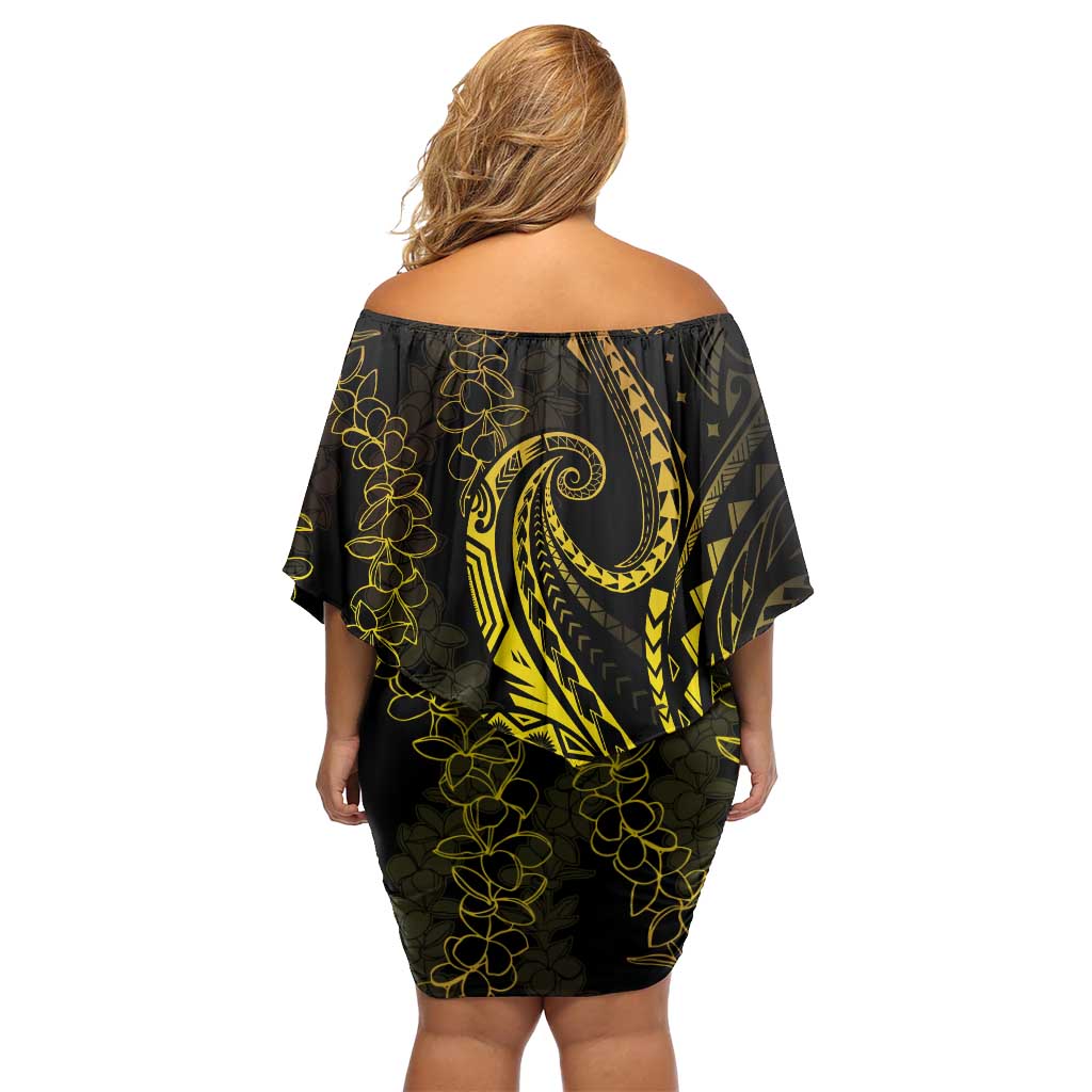 Polynesia Plumeria Lei Off Shoulder Short Dress Black Gold Curves Motif LT7 - Polynesian Pride