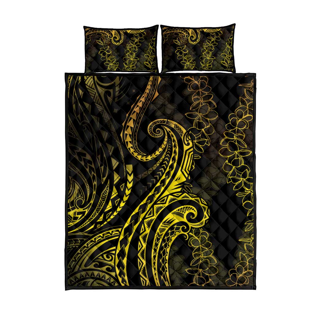 Polynesia Plumeria Lei Quilt Bed Set Black Gold Curves Motif LT7 - Polynesian Pride