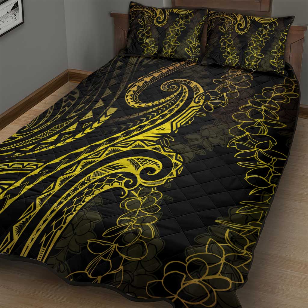 Polynesia Plumeria Lei Quilt Bed Set Black Gold Curves Motif LT7 - Polynesian Pride