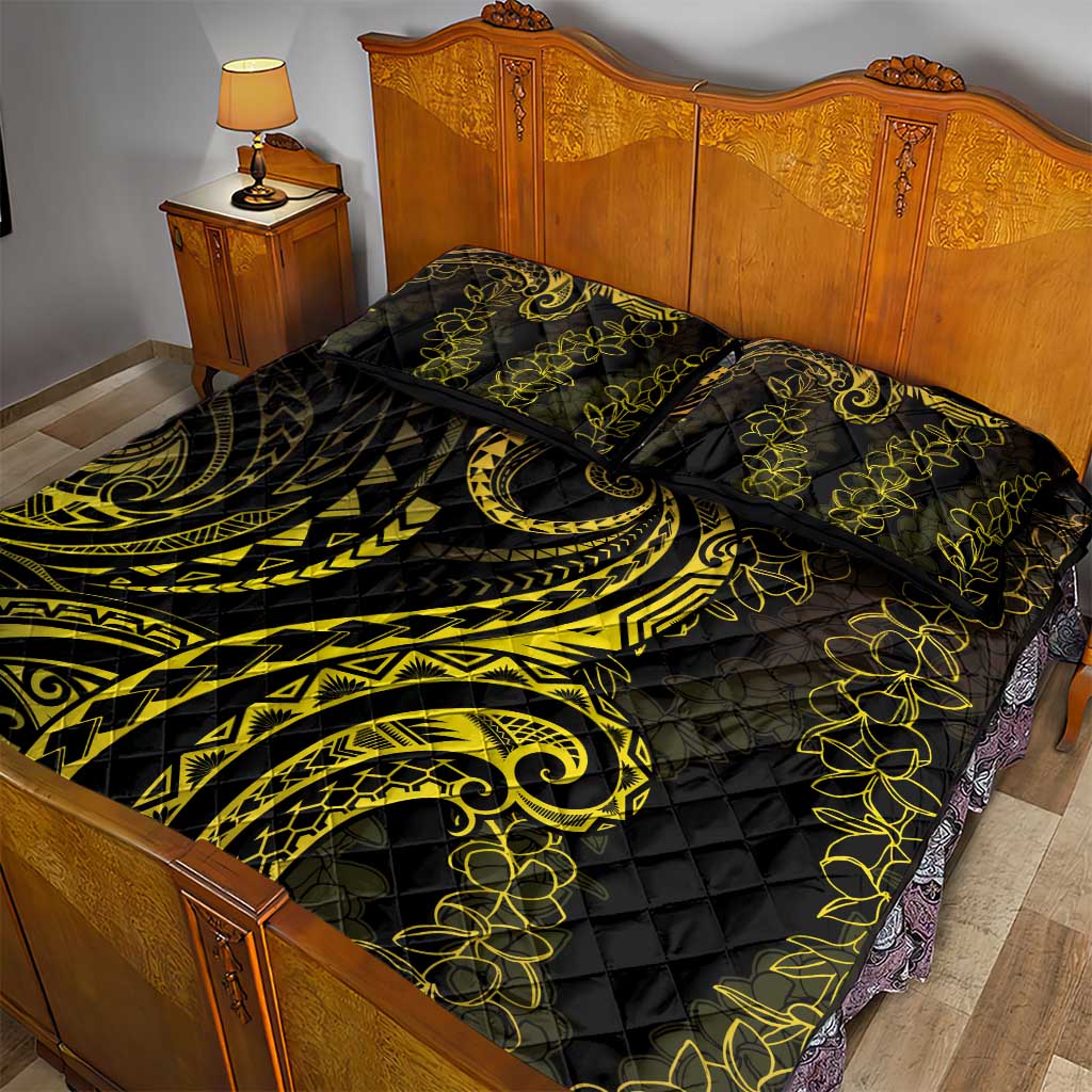 Polynesia Plumeria Lei Quilt Bed Set Black Gold Curves Motif LT7 - Polynesian Pride