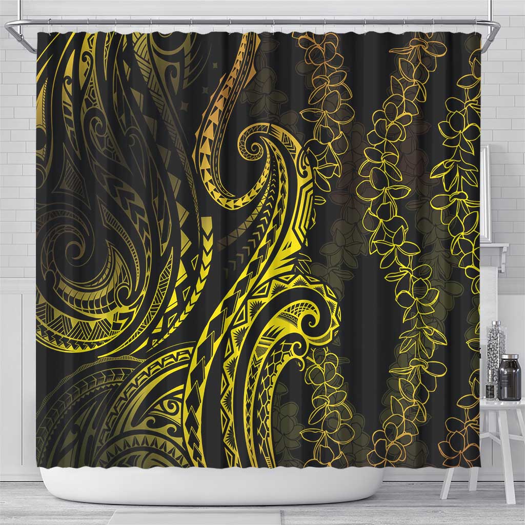 Polynesia Plumeria Lei Shower Curtain Black Gold Curves Motif LT7 - Polynesian Pride