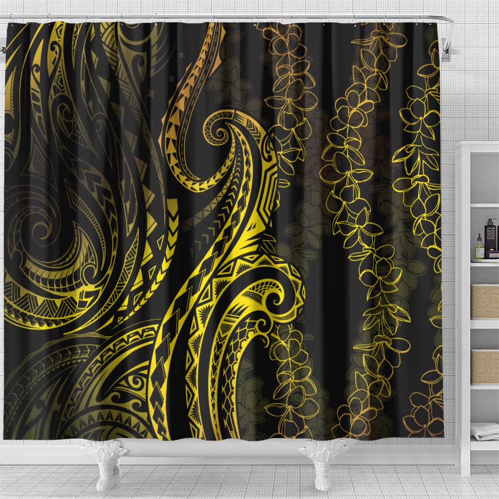 Polynesia Plumeria Lei Shower Curtain Black Gold Curves Motif LT7 - Polynesian Pride