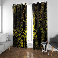 Polynesia Plumeria Lei Window Curtain Black Gold Curves Motif LT7 With Grommets Gold - Polynesian Pride