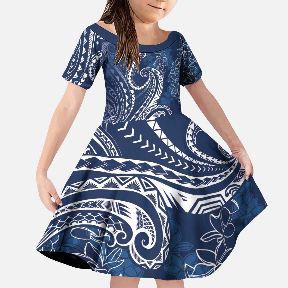 Polynesia Plumeria Lei Kid Short Sleeve Dress Navy Blue Curves Motif LT7 KID Navy Blue - Polynesian Pride