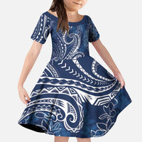 Polynesia Plumeria Lei Kid Short Sleeve Dress Navy Blue Curves Motif LT7 KID Navy Blue - Polynesian Pride