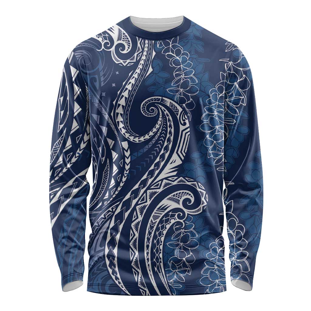 Polynesia Plumeria Lei Long Sleeve Shirt Navy Blue Curves Motif LT7 Unisex Navy Blue - Polynesian Pride