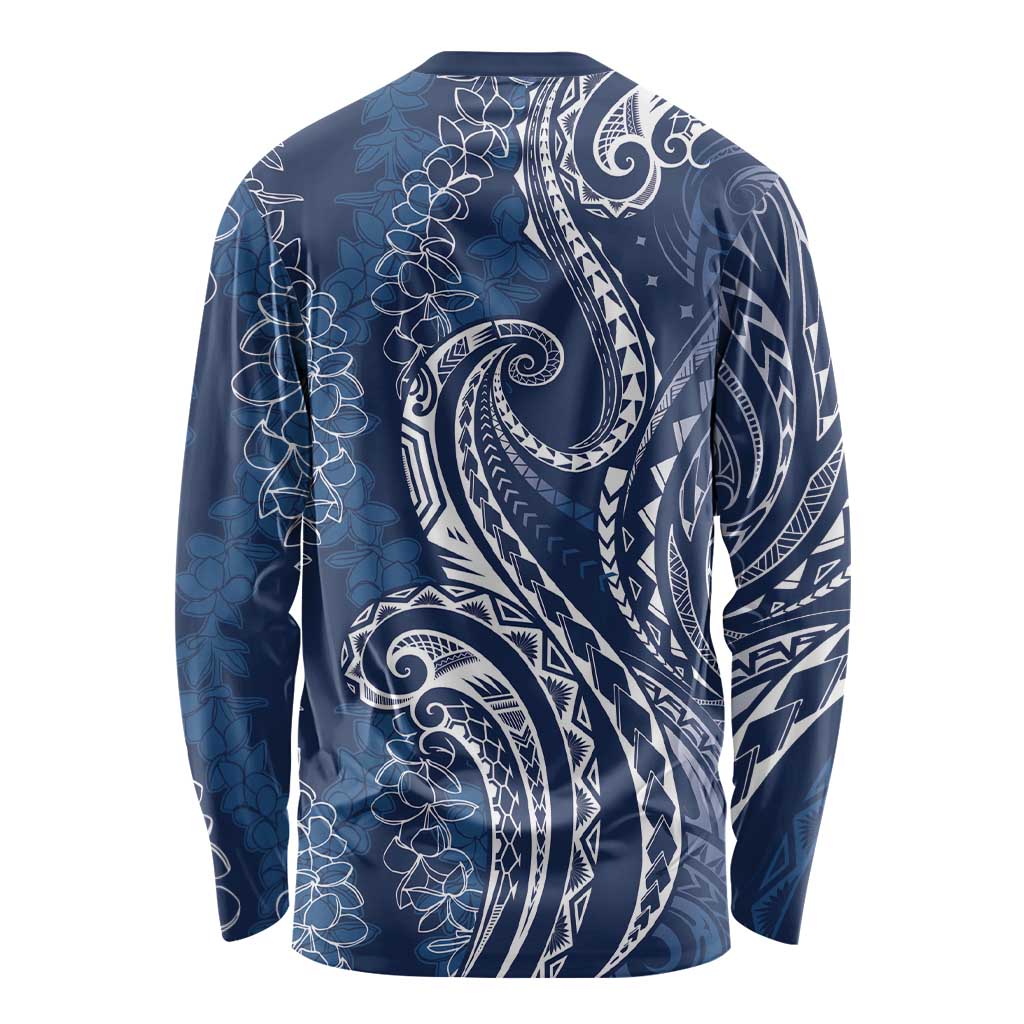 Polynesia Plumeria Lei Long Sleeve Shirt Navy Blue Curves Motif LT7 - Polynesian Pride