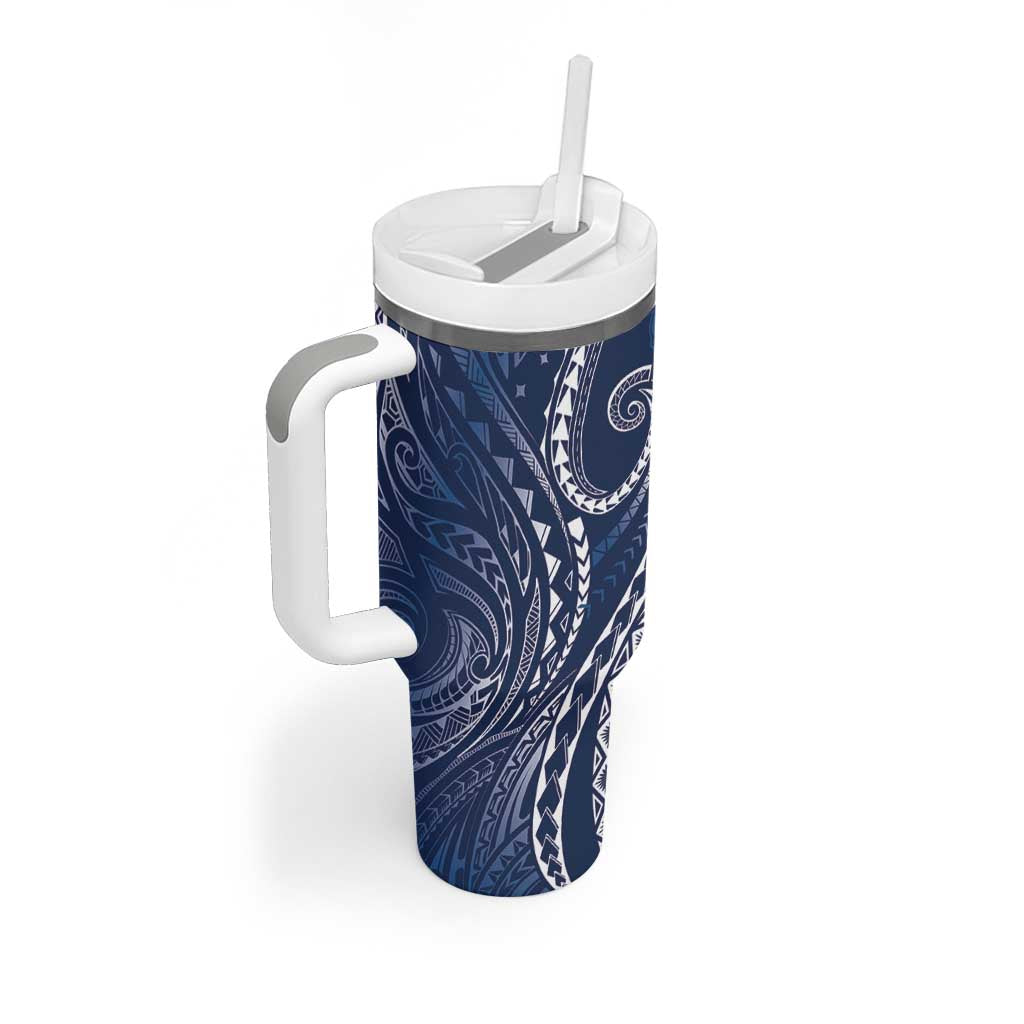 Polynesia Plumeria Lei Tumbler With Handle Navy Blue Curves Motif LT7 - Polynesian Pride