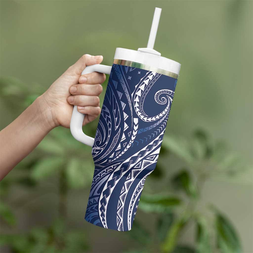 Polynesia Plumeria Lei Tumbler With Handle Navy Blue Curves Motif LT7 - Polynesian Pride