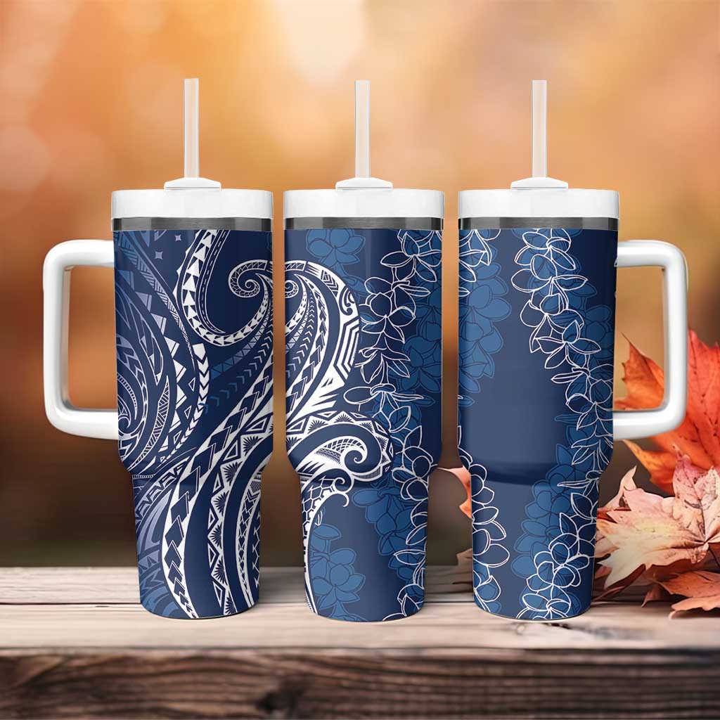 Polynesia Plumeria Lei Tumbler With Handle Navy Blue Curves Motif LT7 - Polynesian Pride
